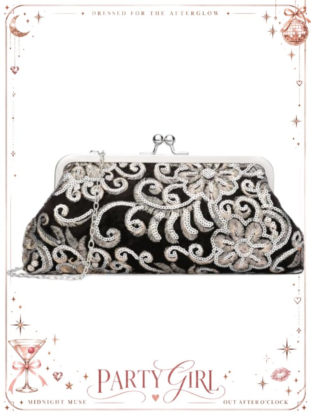Floral Embroidered Sequin Clutch Purse Kiss Lock Evening Bag